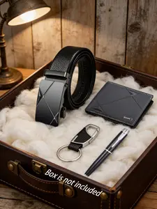 Men's Geometric Wallet & Belt Set, Fashion Business Casual Practical Minimalist Design, Perfect Gift for Father, Brother, Friend, Trifold Wallets