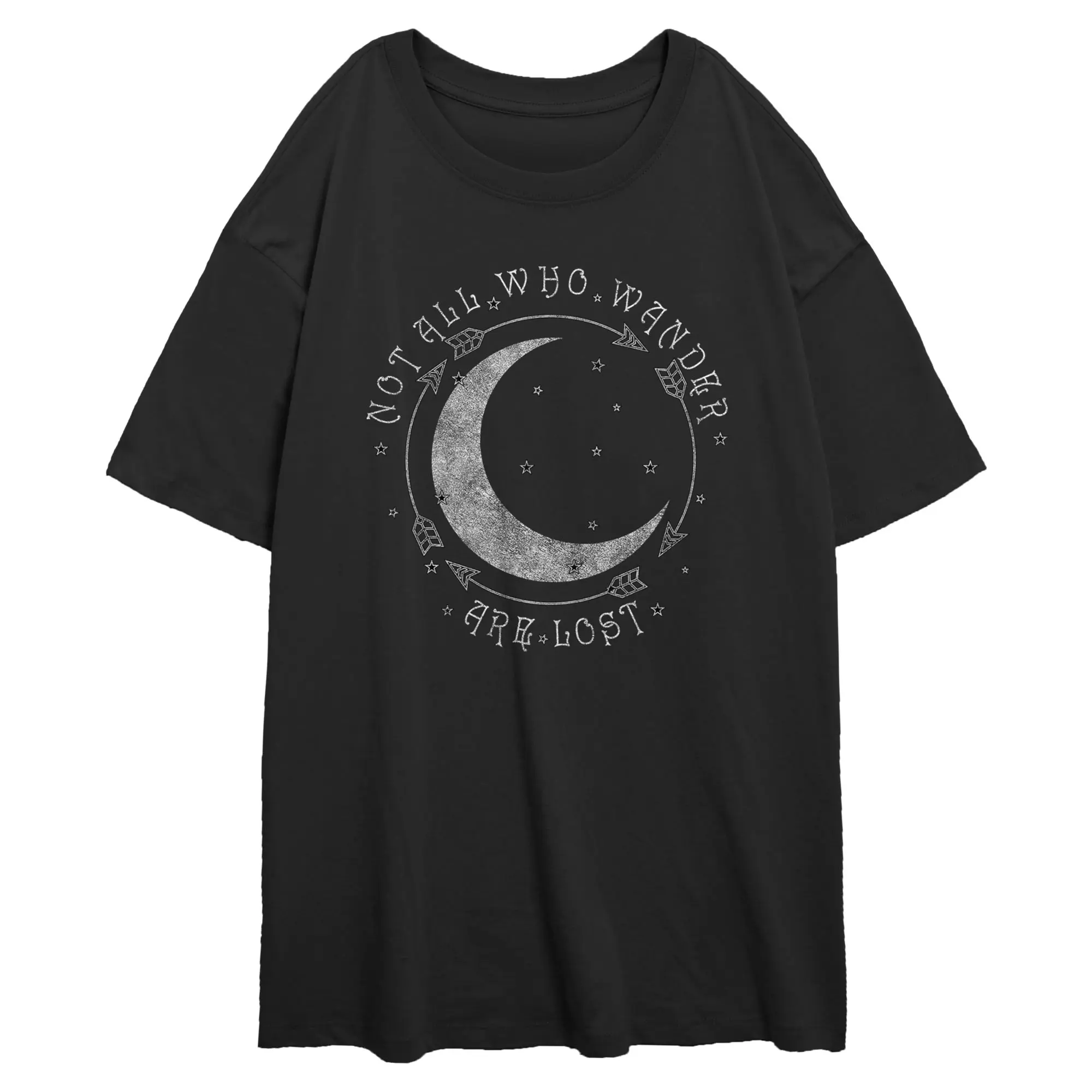Junior's Lost Gods Crescent Moon Not All Who Wander Are Lost Oversized T-Shirt