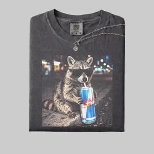 Comfort Colors Cool Raccoon Drinks RedBull Graphic Unisex Tee, Funny Energy Drink Shirt, Raccoon Sugar Free Redbull Retro Gifts