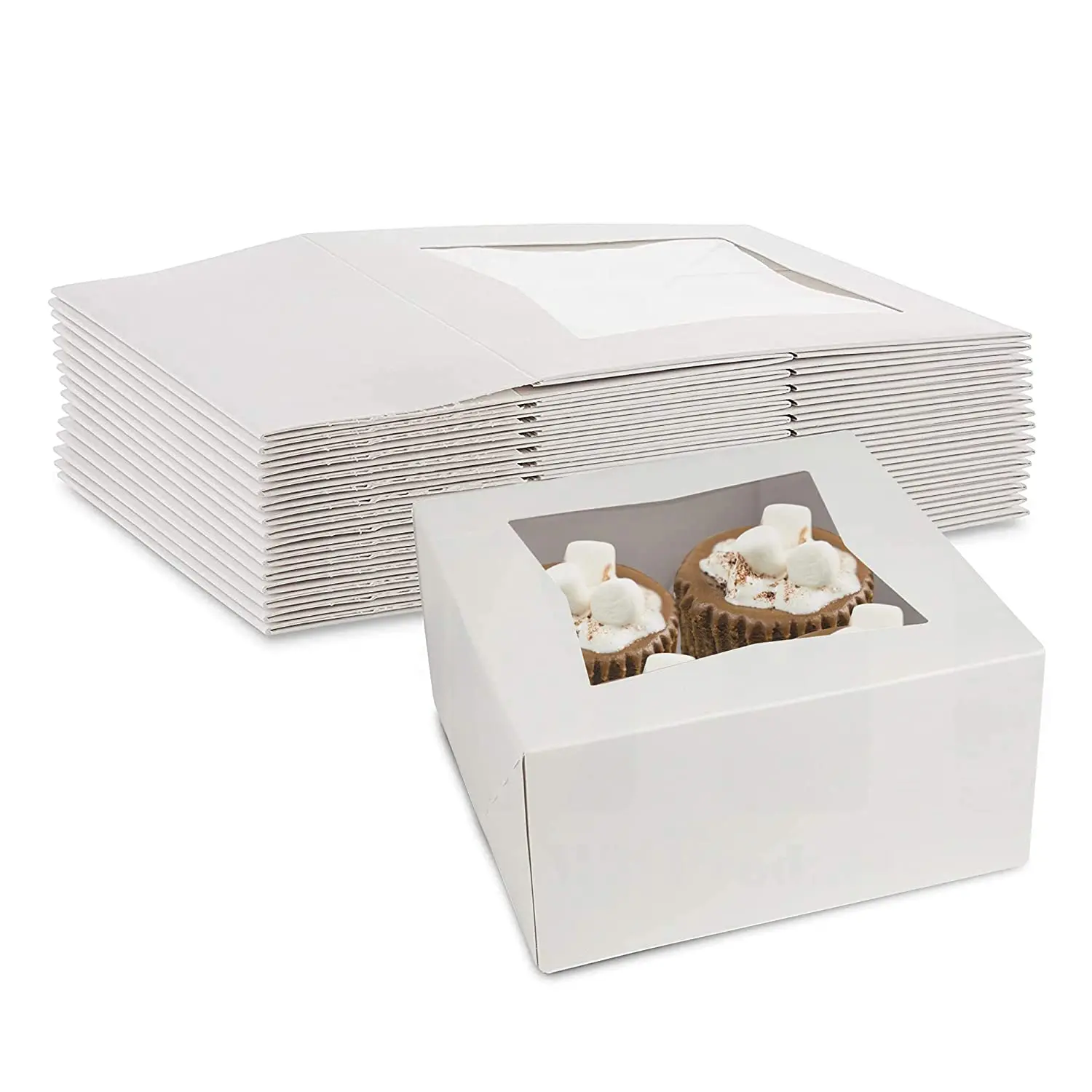 MT Products White Auto-Popup Pastry & Cupcake Bakery Boxes, 6"x6"x3" with Window for Office Gifting & Wrapping (Cupcakes Not Included)