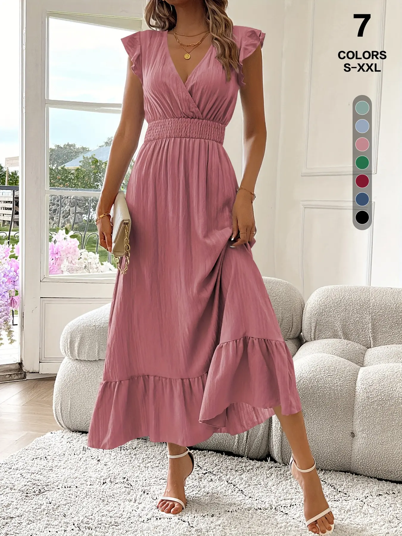Women's Elegant Ruffled Wrap V-Neck Flutter Cap Sleeve A-Line Fitted Maxi Sundress - Elastane Smocked High Waist, Basic Crinkle Fabric, Casual Summer Beach Piece, S-XXL, Plain Solid Womenswear, Wedding Wear, Deep V, Crinkle Poly