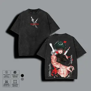 Anime Samurai Girl Washed Tee, Vintage Black Streetwear Graphic T-Shirt, Sword Warrior Aesthetic Oversized Unisex Cotton Shirt Men Anime Outfit