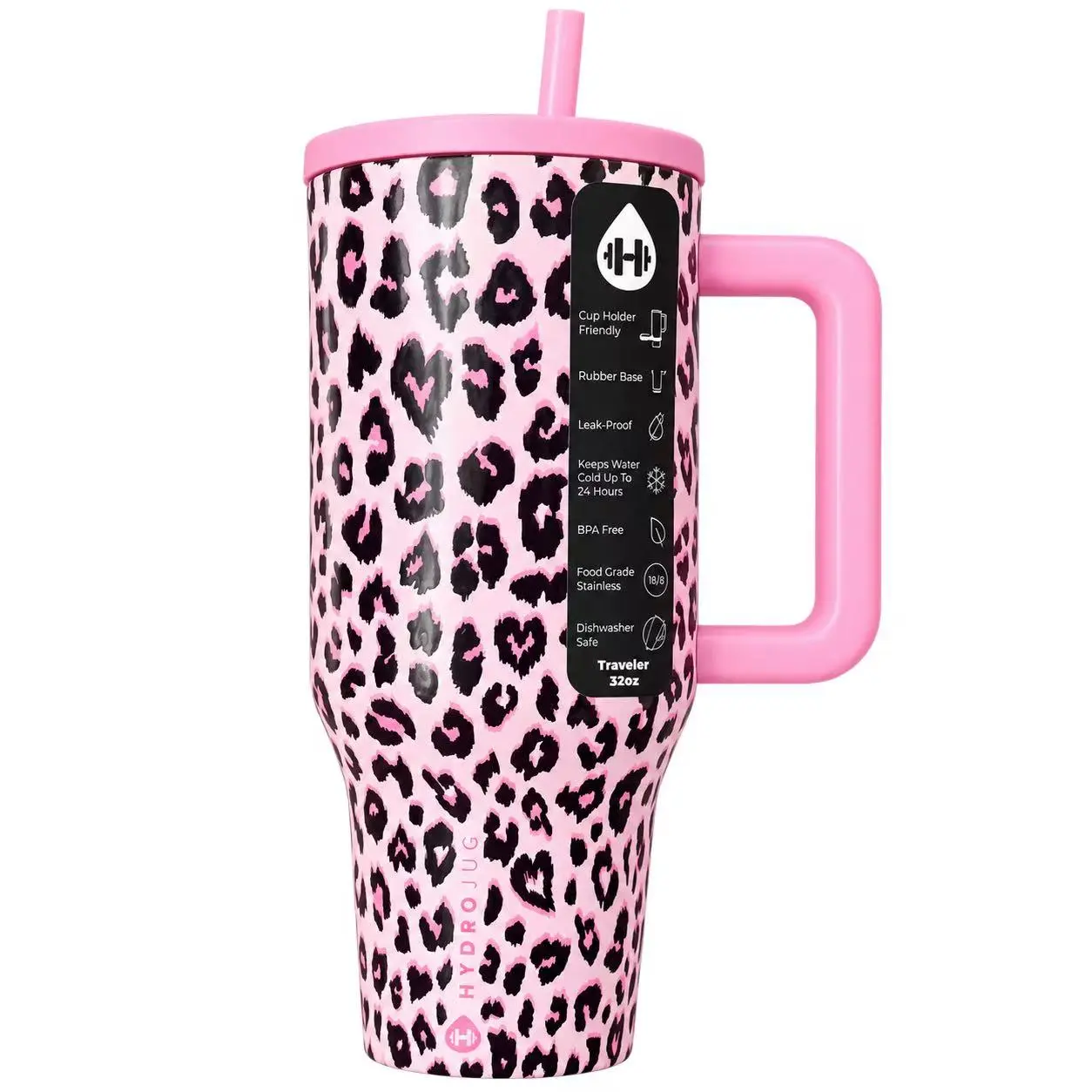 Hydrojug Aesthetic Pink Leopard 40oz Tumbler with Handle, Insulated Stainless Steel Straw Cup, Large Water Bottle for Gym & Travel