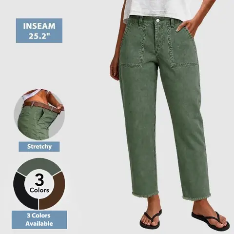 Flamingals Raw Hem Patched Pocket Mid Waist Straight Leg Crop Pants Without Belt Stretchy 25.2'' Inseam