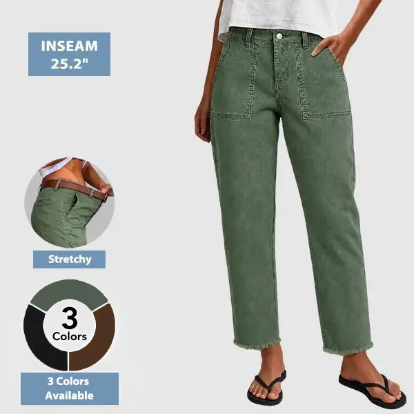 Flamingals Raw Hem Patched Pocket Mid Waist Straight Leg Crop Pants Without Belt Stretchy 25.2'' Inseam