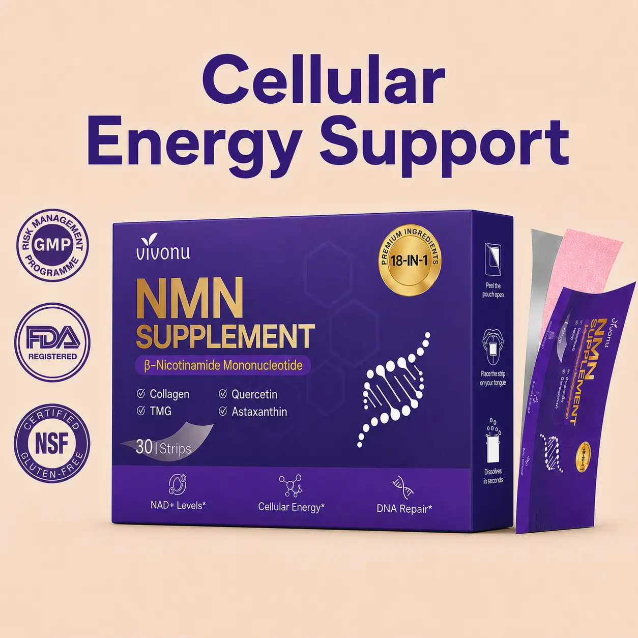 VivoNu Dissolvable Oral Film | Suplemento Alimenticio con Trans-Resveratrol, TMG y Quercetina | 30 Oral Strips