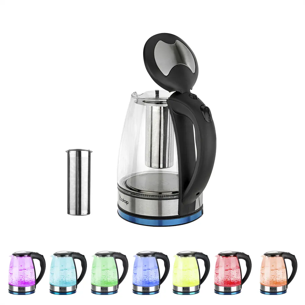 Multifunction Electric Glass Kettle (HD-1861-A) - 110V 1200W 1.8L Pot, Stylish Kitchen Utensil with 7-Color LED Lights, 360° Rotatable Base, Auto Shut-off, Spill-Proof Mesh Filter Pour, Stainless Steel Spout, Plastic Lid