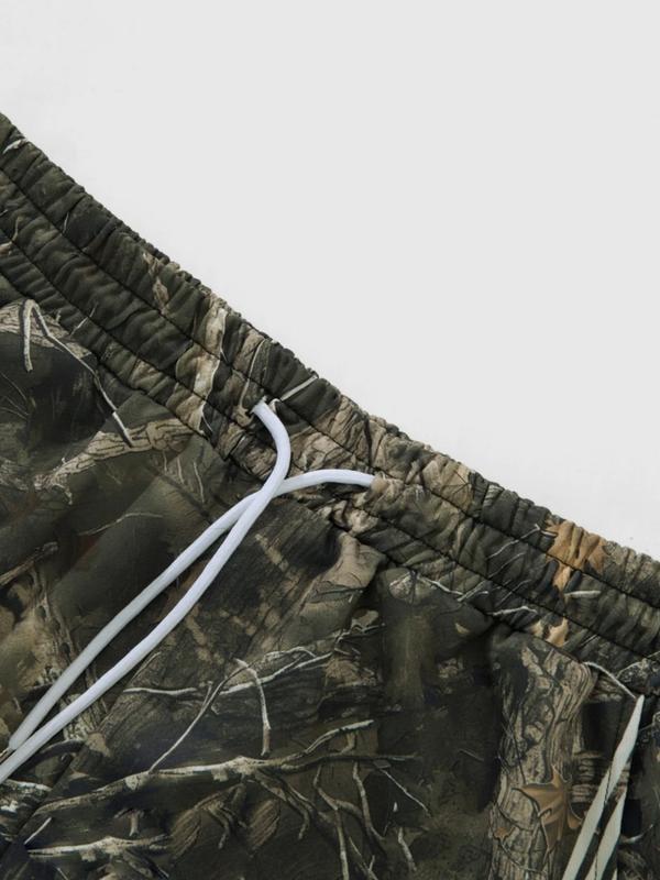 Men's Casual Camo Pants, Loose Fit Outdoor Pants with Adjustable Drawstring Waist, Letter Star Print, Practical Side Pockets, Camouflage Pants