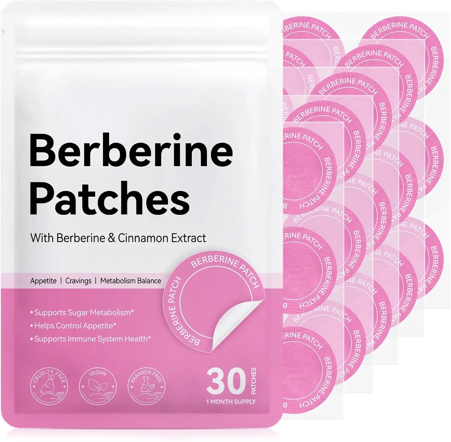 Berberine Patches with Pomegranate, Cinnamon & Vitamin B Complex | 8-Hour Transdermal Wellness Support | 30 Patches, 1-Month Supply for Men & Women