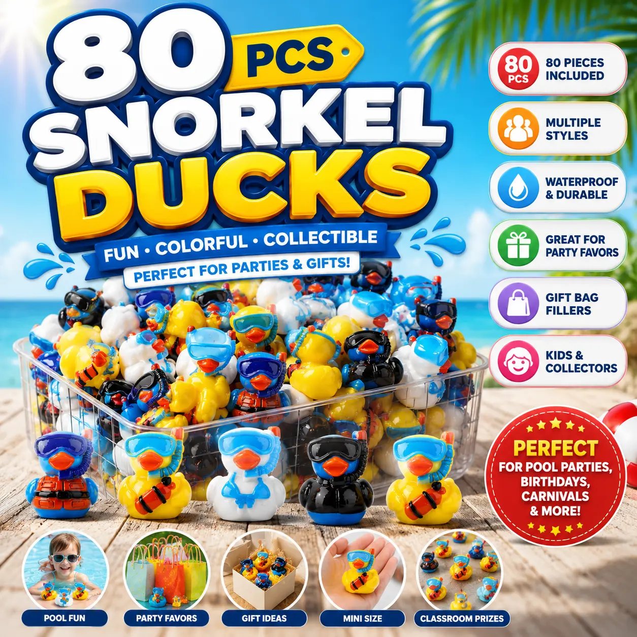 80 Pcs Snorkeling Mini Resin Ducks, Summer Miniature Ducks Figurines, Snorkeling Duck Figures for Summer Party Beach Pool Aquarium Decoration Birthday Gifts