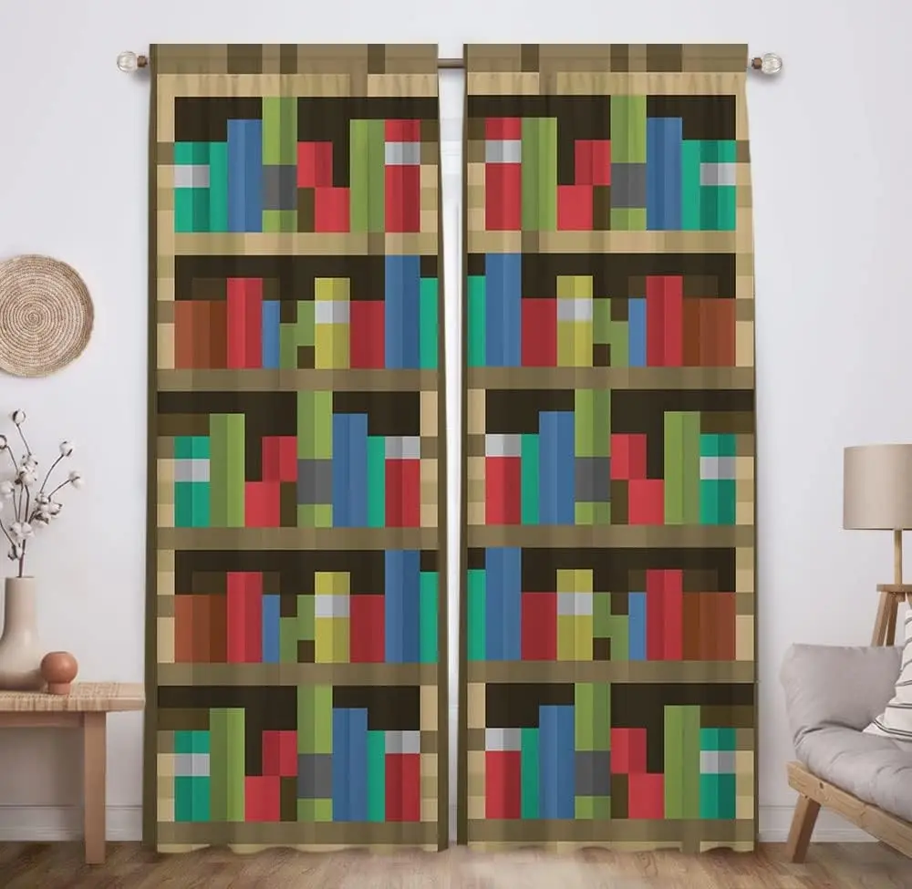 Pixelated Bookshelf Children Window Curtains for Boy Girl Baby Kids, Suitable for Bedroom Nursery Toddler Room Home Office Decor, Durable Fabric Machine Washable, 82 in x 84 in