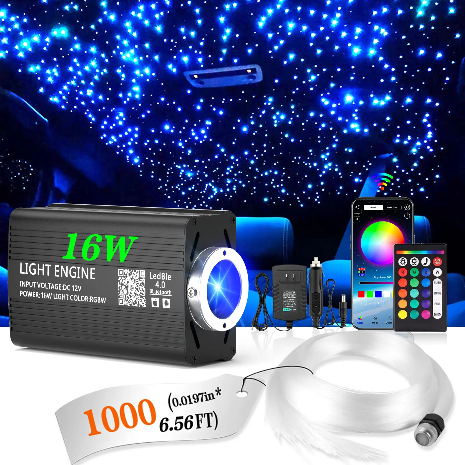 1000pcs Car Fiber Optic Starlight Headliner Kit for Roof Ceiling, 0.02in 6.6ft Interior RGB Dynamic LED Lights, Music Sync, APP Remote, 16W, 2-Year Warranty