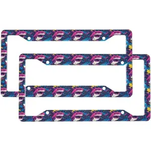 2 Pcs Car License Plate Frames for Women Men - Aluminum Solid Graffiti Shark Pattern Print License Plate Cover for Car Accessories for Women Men with Fasteners and Screws ﻿