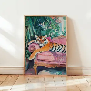 [SALE UP TO 50% + FREE SHIP] Tropical Tiger Impressionist Poster Painting  Vibrant Pink & Orange Art  Sofa Sleep Rest Art Print Exotic Home Decor