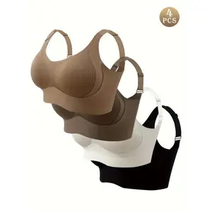 [Comfortable ] 4pcs Comfortable Seamless Women'S | Elegant Blend Of Nylon And Spandex, Wide Shoulder Straps, Soft Support, No Underwire- Available In Beige, White, Black, Casual s