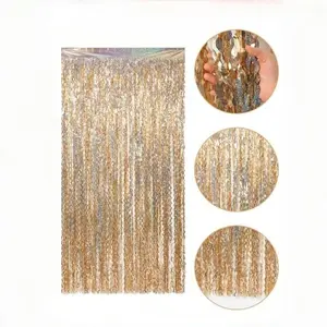 1Pcs Laser Champagne Gold Wave Tinsel Curtain, Shimmer Wall Backdrop – Party Stage Background Decoration for Wedding, Birthday, Engagement & Graduation Celebration, Metallic Fringe Backdrop Supplies