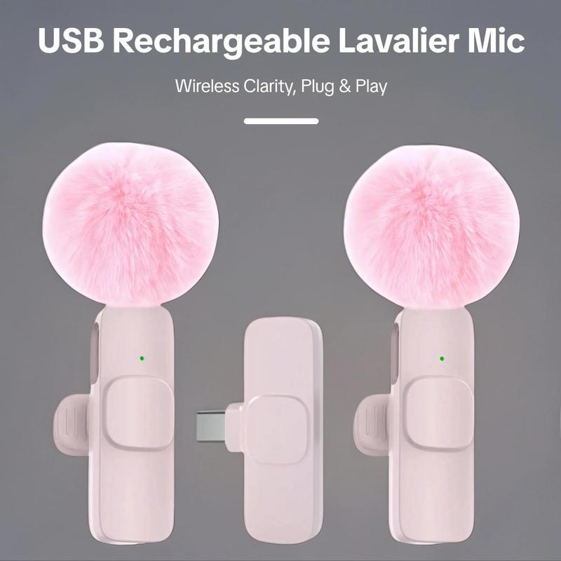 Plug-and-Play Wireless Lapel Microphone with Noise Reduction, Pink Dual Mic for iPhone & Android