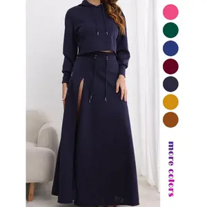 Women's Solid Drawstring Hoodie & Split Thigh Skirt Set – Long Sleeve Top & Pocket Long Skirt, Casual Cozy Fashion Co-ord Outfit