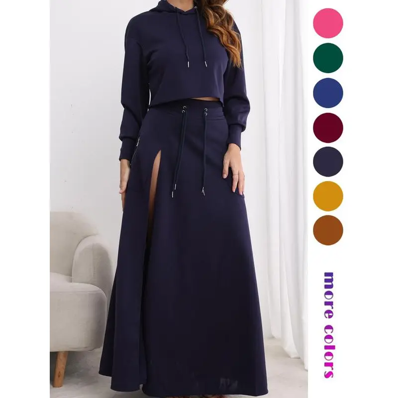 Women's Minimalist Basic 2-Piece Knit Casual Fashion Set - Lady's Hooded Drop-Shoulder Drawstring Top, High-Waist Split-Thigh Long Skirt with Pockets Clothes, Long Sleeves, Fitted