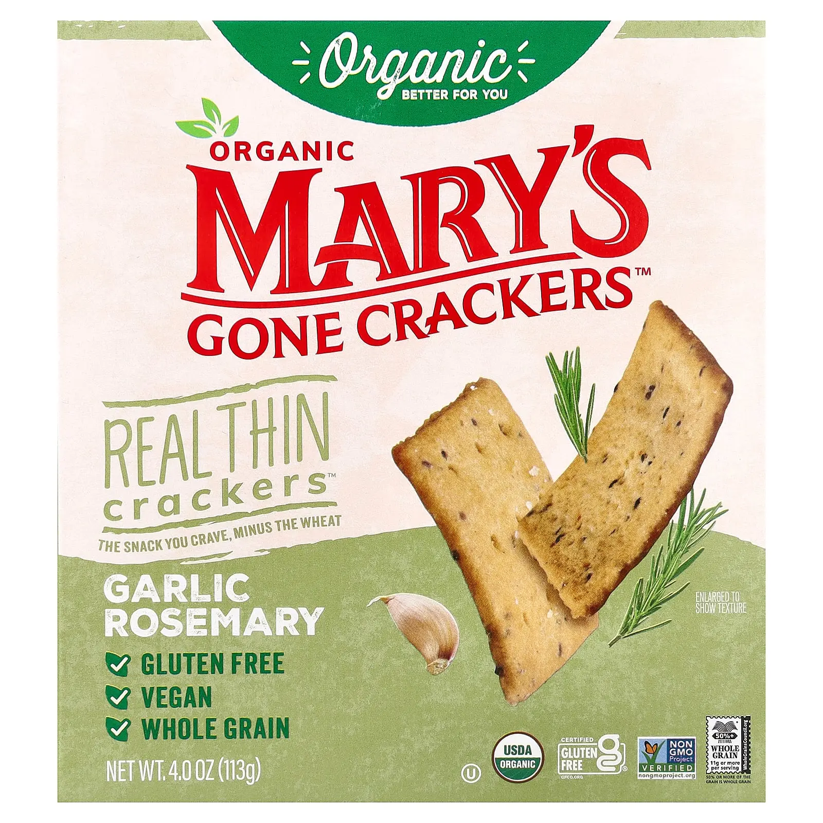 Mary's Gone Crackers Organic Real Thin Crackers™, Garlic Rosemary, 4 oz (113 g)