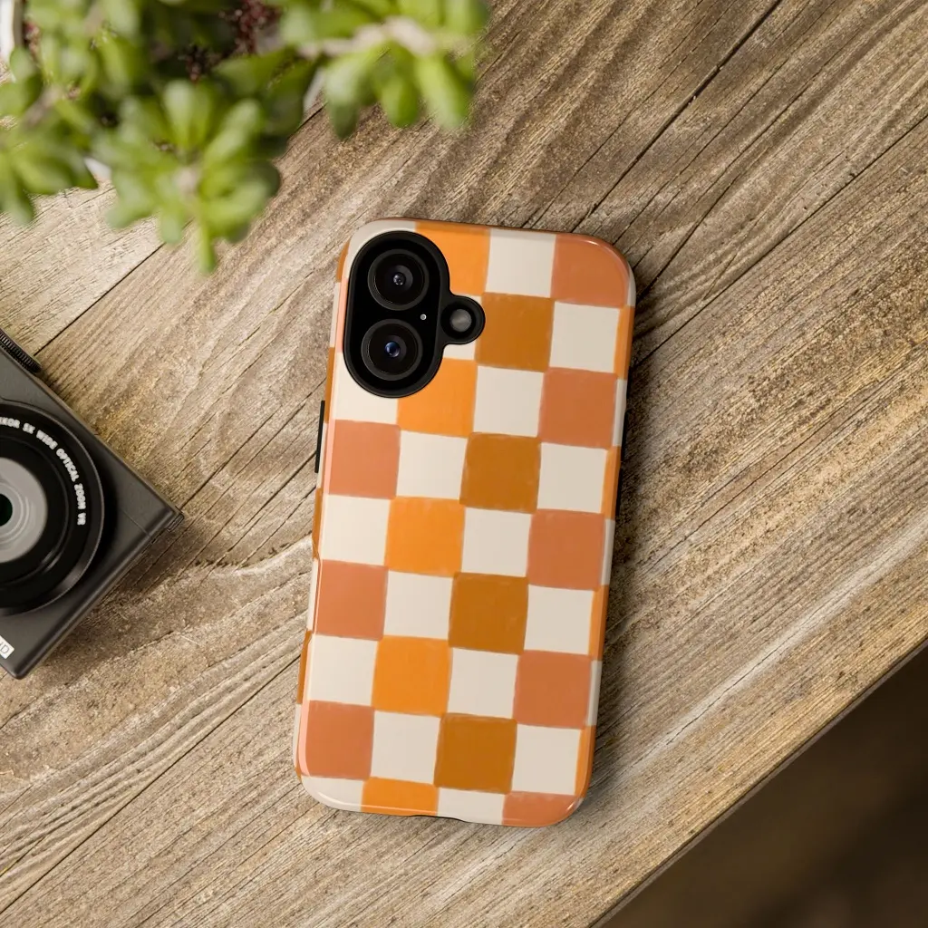 Orange Checkered Hard Case- Durable Protection - Accessories  iPhone 16 15 14 13 12 Cute Gift for her - Protection for Your Phone