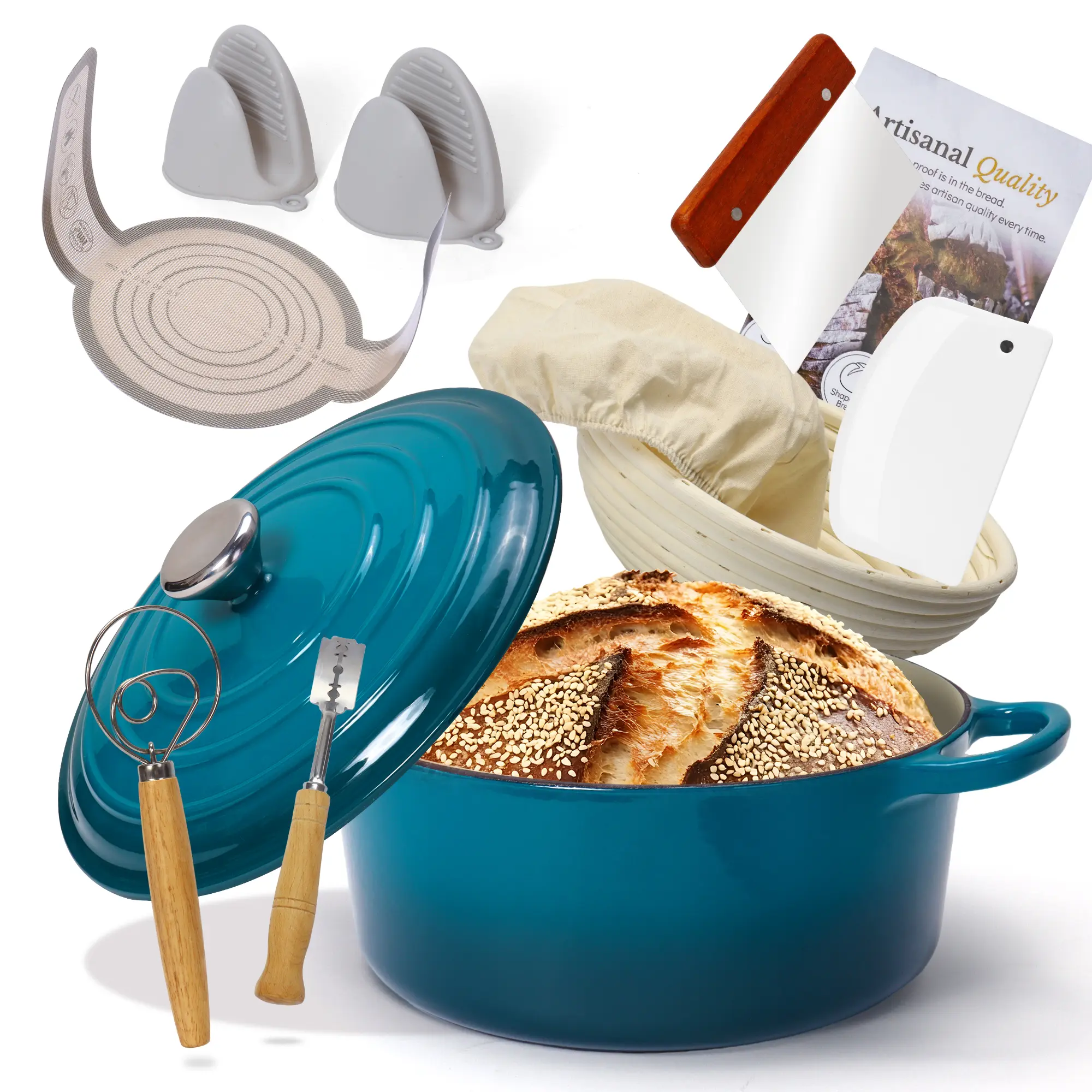 Enameled Cast Iron Dutch Oven - 5L 26cm Heavy-Duty Cookware, Non-Stick Ovenproof Casserole Pot with Proofing Basket for Braising, Baked Bread Making