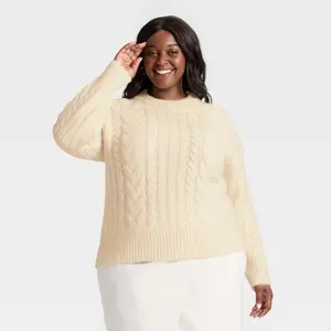 Women's Round Neck Cable Knit Pullover Sweater - A New Day Cream 1X
