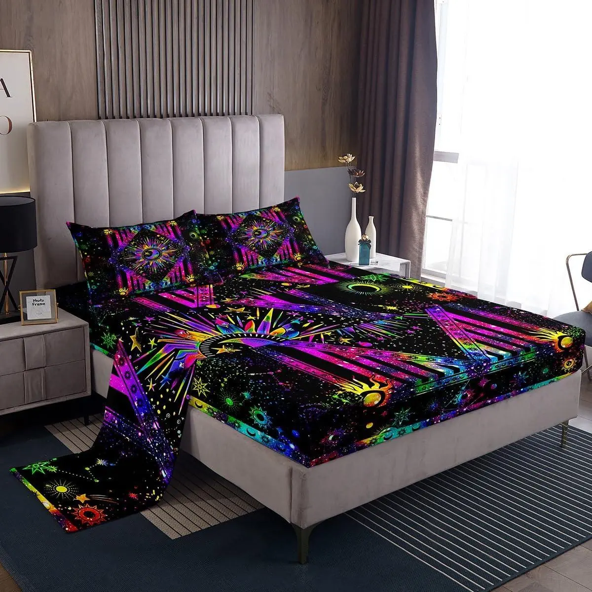 Sun and Moon Sheet Set,Colorful Tie Dye Bed Sheet Mystic Stars Flat Sheet Psychedelic Celestial Astrology Fitted Sheet Bohemian Constellation Zodiac Bed Cover