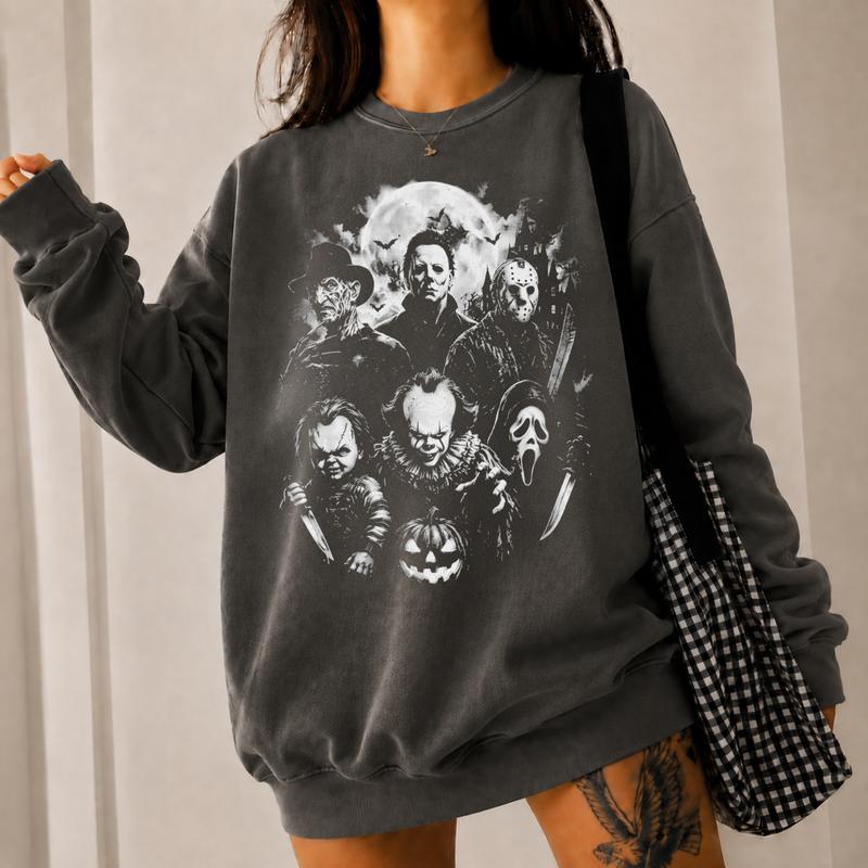 Classic Halloween Horror Characters Sweatshirt, Vintage Horror Graphic Sweatshirt, Spooky Season Sweater, Scary Movie Gift