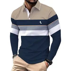 Men's long-sleeved Polo shirt, designed with color-blocking theme and 3D digital print