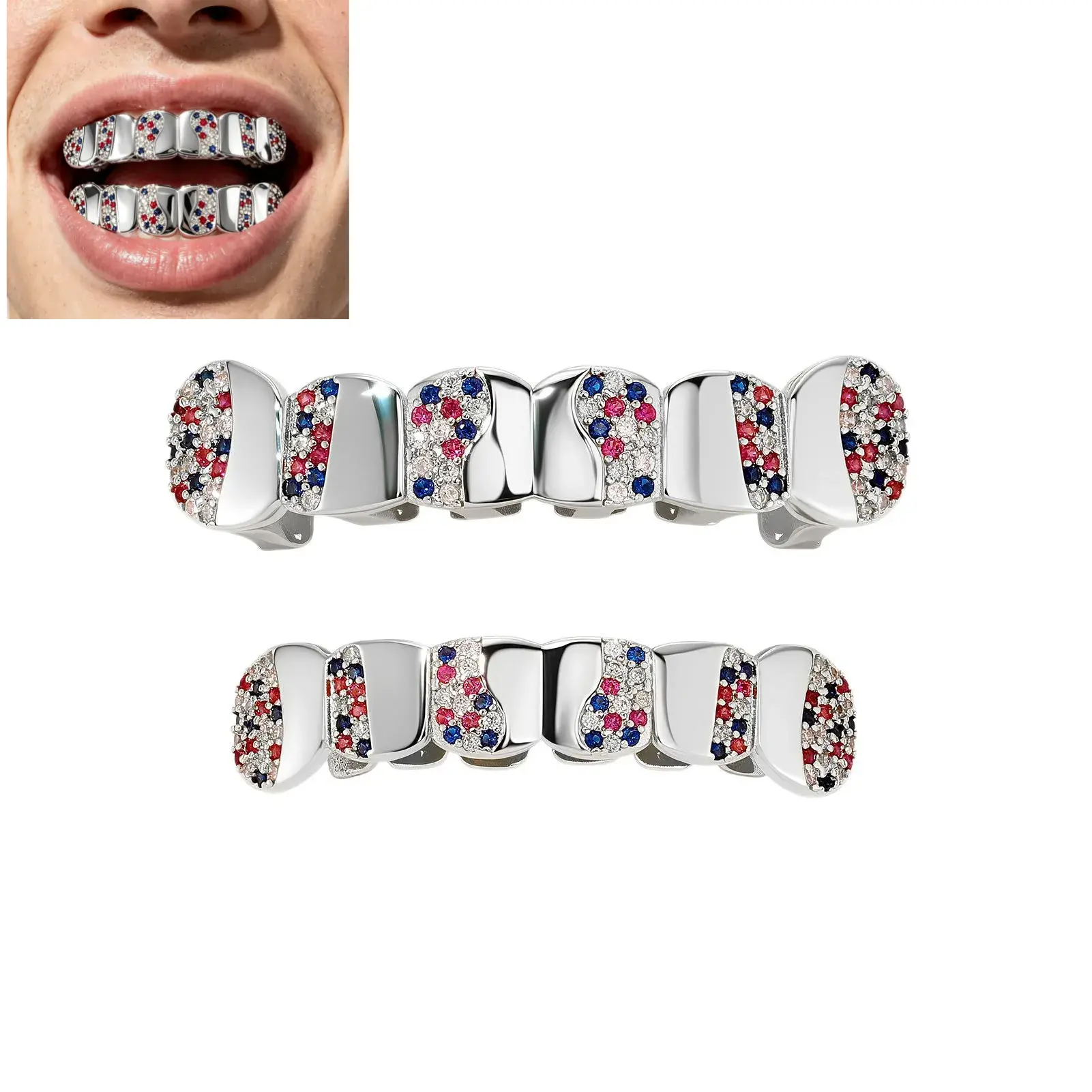 Grillz Iced Out 6 Top & Bottom Teeth Grillz Red Blue Rhinestone Hip Hop Gold Silver Plated Dental Grills, Halloween Cosplay Fashion Tooth Jewelry for Men Women Rapper Party Accessories
