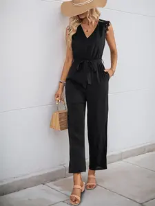 Women's Solid Color Belted Fit Jumpsuit, Casual Sleeveless Jumpsuit for Summer, Fashion Women's Clothing for Daily Wear