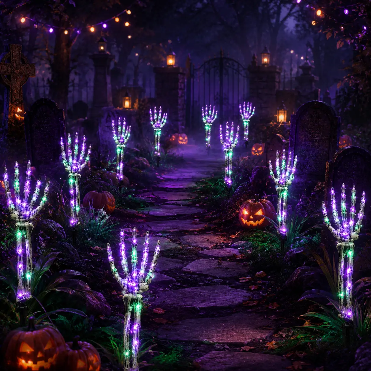 Set of 5 Halloween LED outdoor solar ground stake lights, skull hand bone design, IP44 waterproof, suitable for Halloween outdoor yard, garden, lawn, and festive decoration lighting; landscape decorative lights ideal for creating a holiday atmosphere.