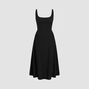 Cider Women's Casual Woven Square Neck Solid Midi Dress, 10 Colors, Size 0-26, Casual Wear