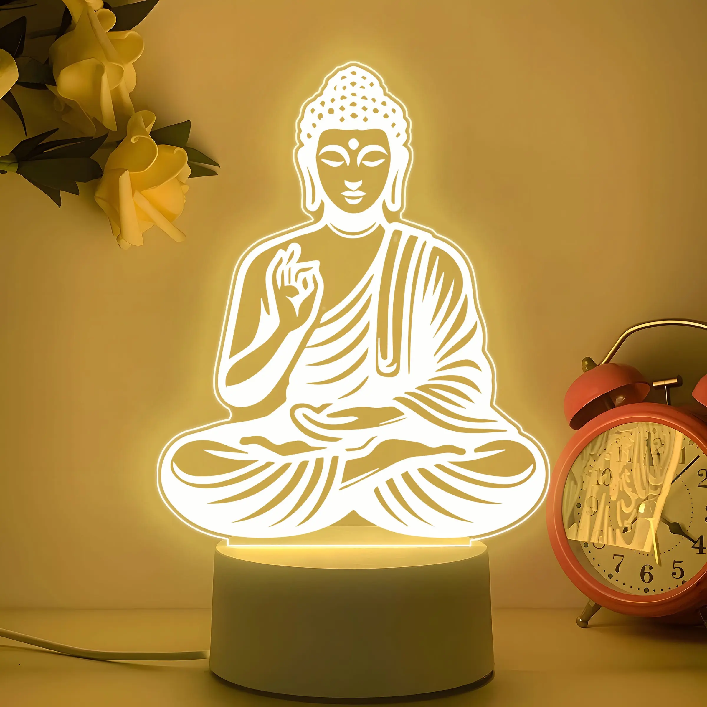 Acrylic Buddha Ambient Night Light Decorative Figurine, Soft Glowing Lines, Zen Style, Desktop Atmosphere Enhancer, Perfect Gift