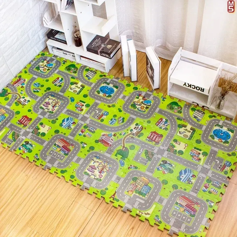 9pcs Split Joint EVA Baby Traffic Road Puzzle Playmat - 30*30cm, 1-1.5cm Thick Soft Chemical-Free Foam, for 0-2 Years Unisex Kids, Home Decor Floor Toy, No Warning Applicable, Sports Use