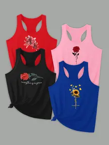 Women's Floral & Letter Print Sports Tank Top, Casual Sleeveless Round Neck Top for Yoga Gym Workout, Ladies Sportswear for All Seasons, Stretch Tank Tops, Menswear