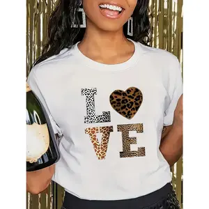 Women's shirts Lady tshirt Women's Casual LOVE Pattern Leopard Heart Design T-Shirt - Elastic Round Neck Short Sleeve Top Machine Washable All-Season Comfortable Style Non-Transparent Fabric