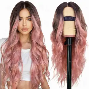 Ombre Pink Wig for Women, Long Wavy Lace Hairline Middle Part Synthetic Heat Resistant Wig for Daily Party-26 Inch