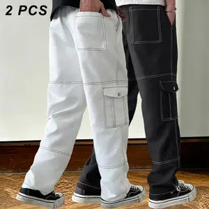 Men’s white cargo pants with visible stitching—wide straight casual fit, loose yet slimming design. Street-style, versatile piece with multiple pockets for practicality and a stylish look. Suitable for everyday commuting, campus, going out, and dates acro