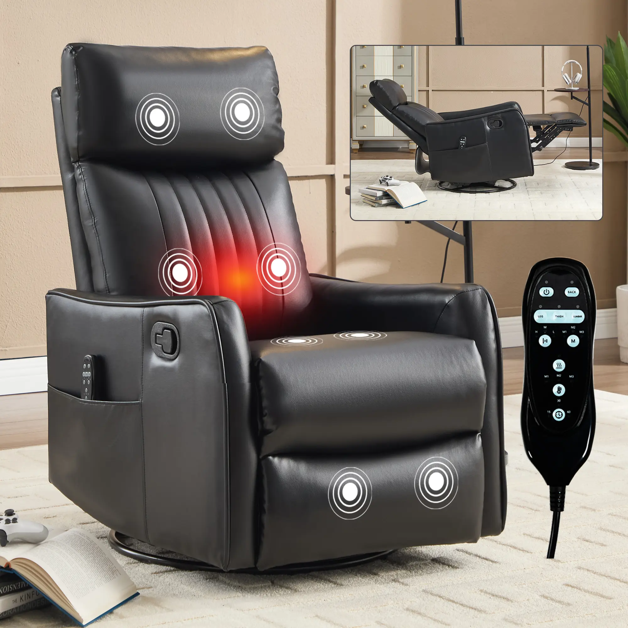 Black Faux Leather Massage Recliner Chair, 360° Swivel Rocker Recliner with Lumbar Heat Function, Manual Adjustable 155° Reclining Sofa Chair for Living Room Home Relaxation