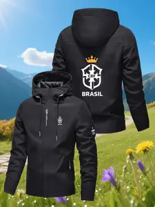 Men's Hooded Jacket Brasil Cbf Print, Sun Protection Hood Design, Zipper Pockets, Adjustable Hood, Outdoor Casual Sporty Outerwear