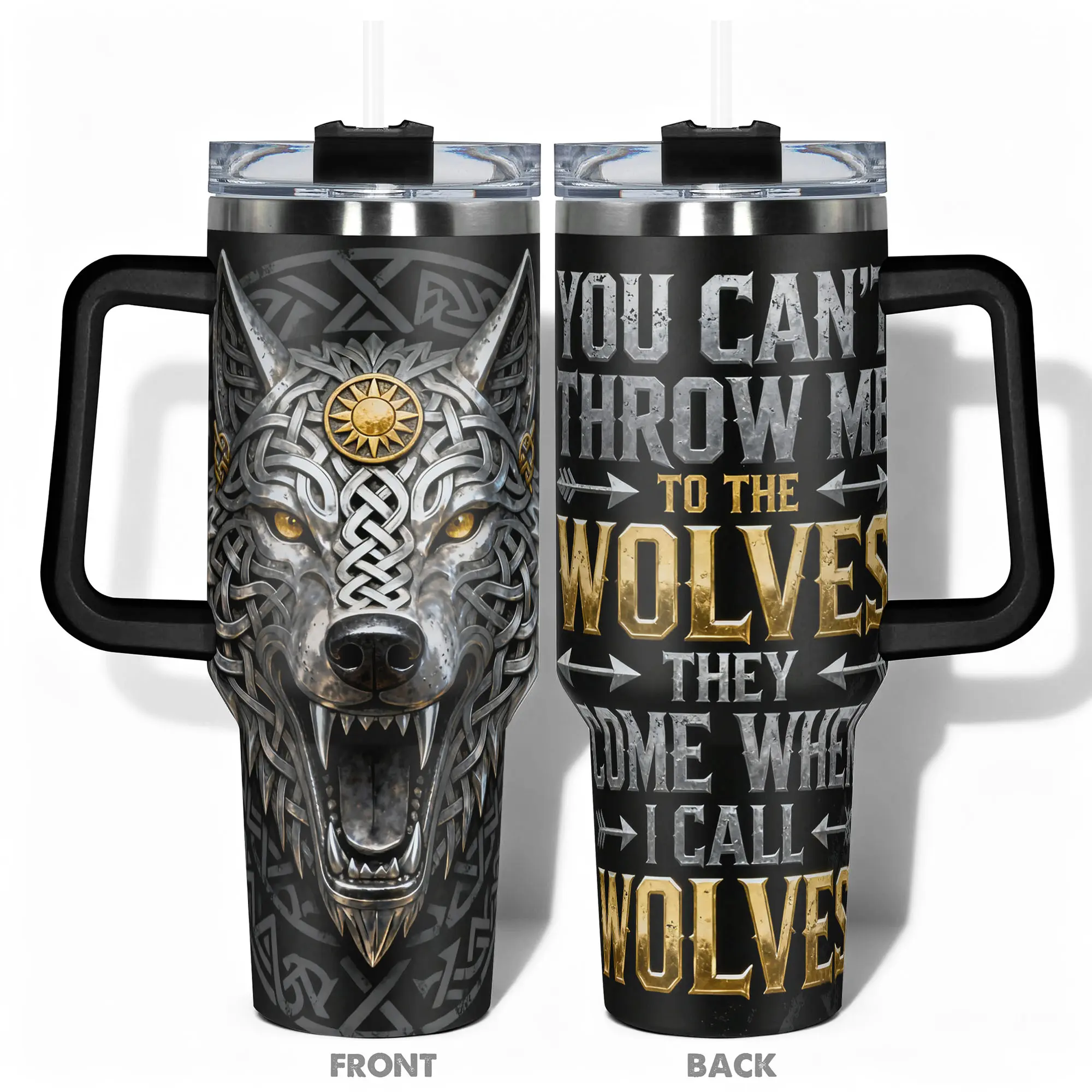 1pc Stainless Steel Cup 40oz/30oz/22oz/20oz/14oz Insulated Water Bottle,Funny Design With Fierce Wolf Head Celtic Knotwork Double-layer insulation Leakproof Large Capacity, Insulated Travel Drinkware, Needed for Gym, Hiking, Travel Ideal Birthday C