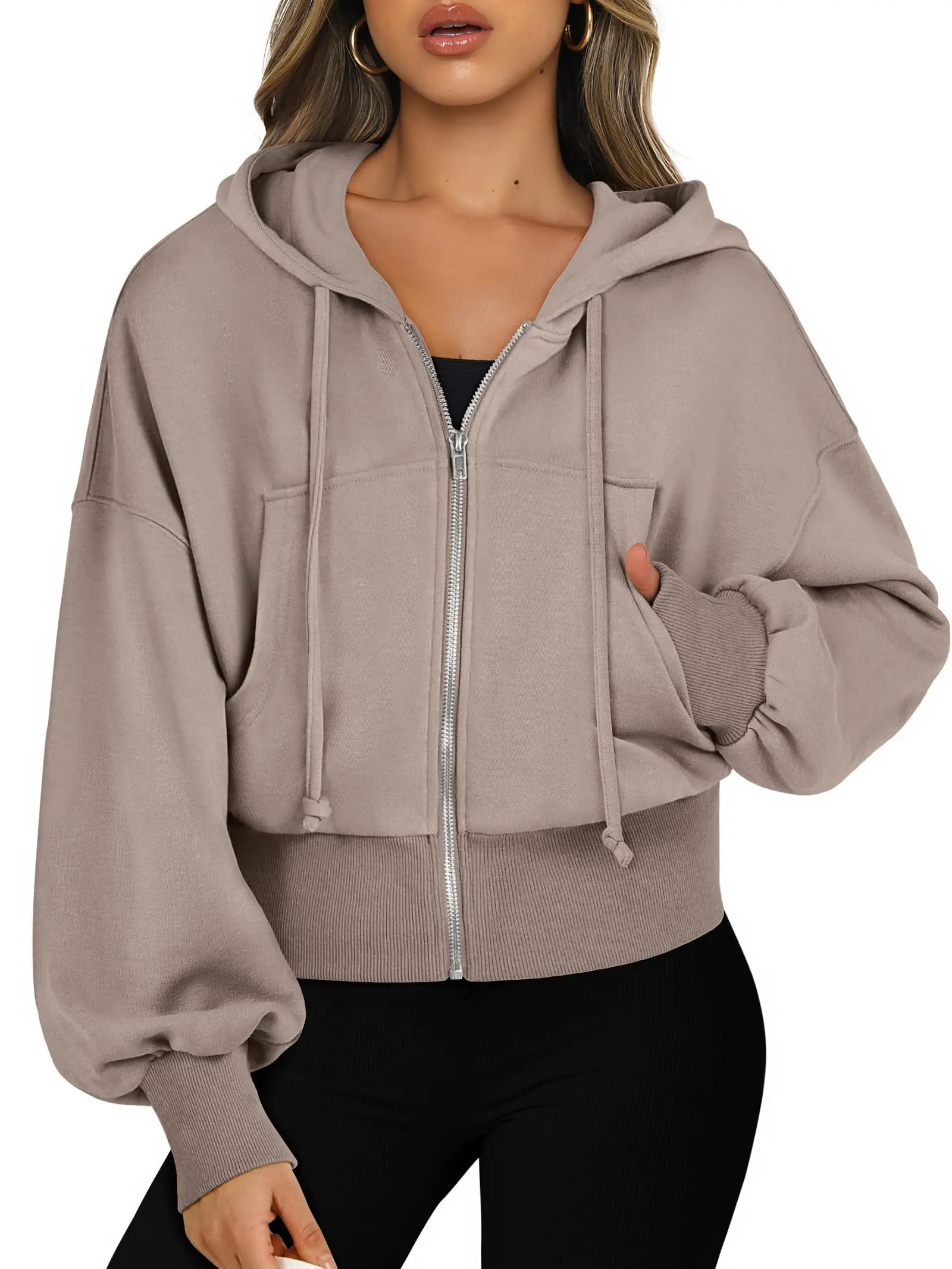 ANRABESS Hoodies for Women Zip Up Cropped Sweatshirts Casual Full Zip Jackets 2026 Fall Fashion Y2k Clothes With Pockets Adjustable Activewear
