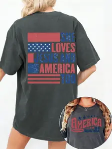 Women's crewneck short-sleeve tee, "She Loves Jesus and America Too" distressed flag graphic | #WomensCrewneck #JesusAndAmerica #PatrioticTee