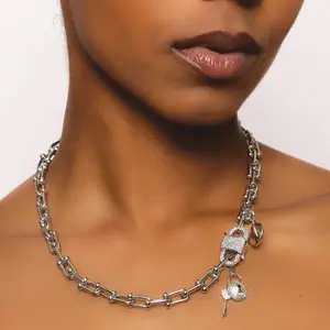 Lock & Key Initial Charm Necklace Silver Stainless Steel Pavé Accents Adjustable 16–18in Chain Jewelry Unisex Hypoallergenic Tarnish-Resistant Personalized Sparkly Lock Key & Initial Charm