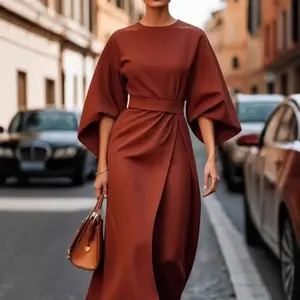 Women's Elegant Pure Color Waist-Cinching Dress Casual Batwing Sleeve Long Dress