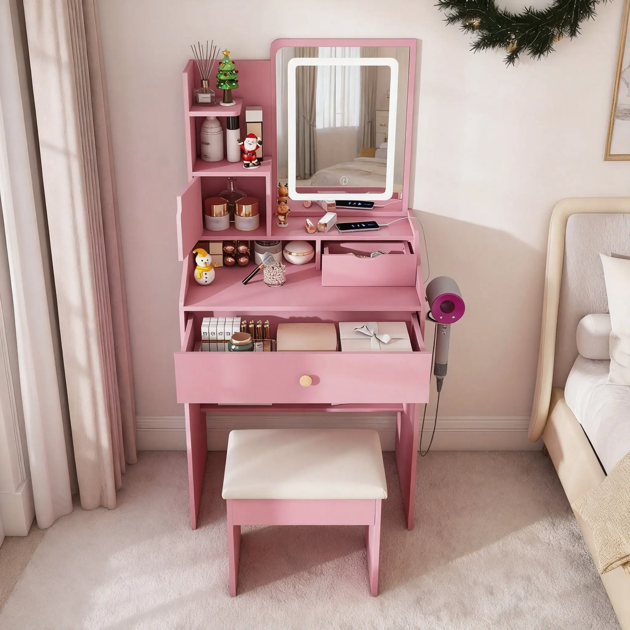 3-Color LED Vanity Mirror with Stool, Pink Dressing Table for Bedroom, 2 Drawers & 5 Storage Cabinets (4 Open + 1 Hidden), Adjustable Lighting