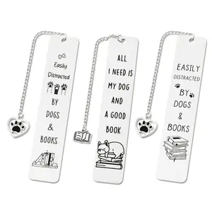 Stainless Steel Bookmark, 3 Counts/set Cute Dog & Letter Pattern Bookmark with Heart Shaped Pendant, Book Mark for Pet Lovers & Readers