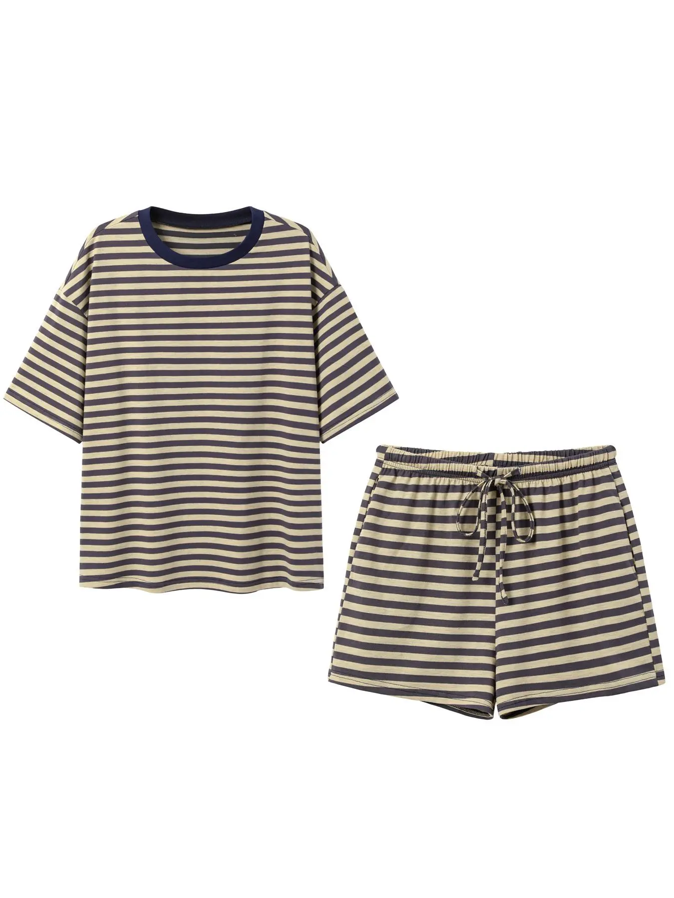Summer New Women's 2-Piece Cotton Breathable Striped Short Sleeve Shorts Set, Stripe T-Shirt with Elastic Waist Pockets, Casual Fashion Ensemble, Womenswear, Summer Loungewear Sets